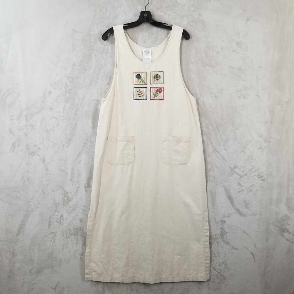 Vtg Dress Women Mโ Beige Linen Cotton Embroidered Floral Slit Maxi USA Cottage